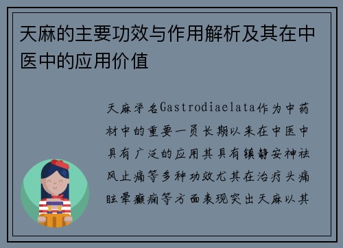 天麻的主要功效与作用解析及其在中医中的应用价值