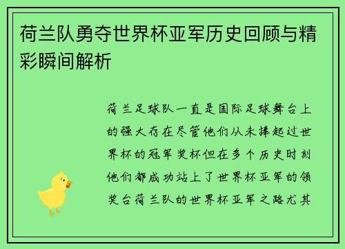 荷兰队勇夺世界杯亚军历史回顾与精彩瞬间解析